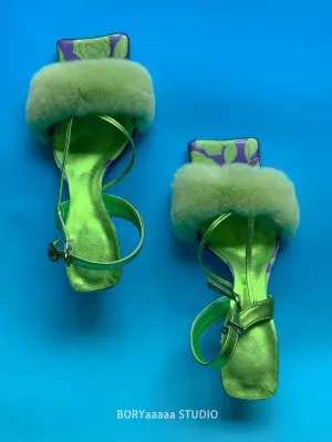 Flower Fur Square-toe Low-heel Fashionable Sandal
