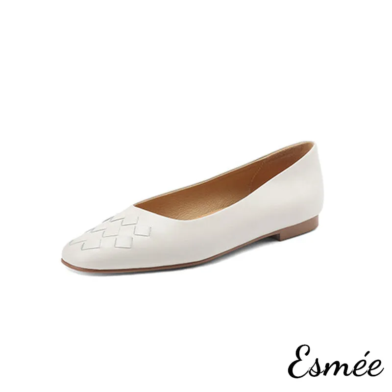 Leather Rounded Toe Flats with Woven Design