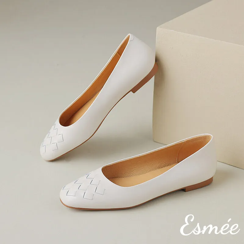 Leather Rounded Toe Flats with Woven Design